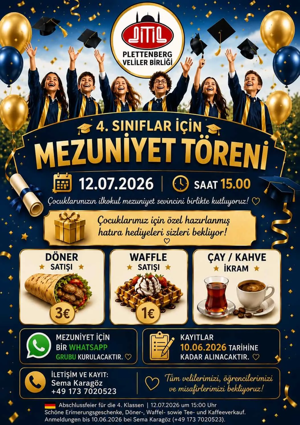Werbeflyer für die Abschlussfeier der 4. Klasse am 12.07.2026 um 15:00 Uhr mit Informationen zu Speisen, Getränken und Anmeldung.