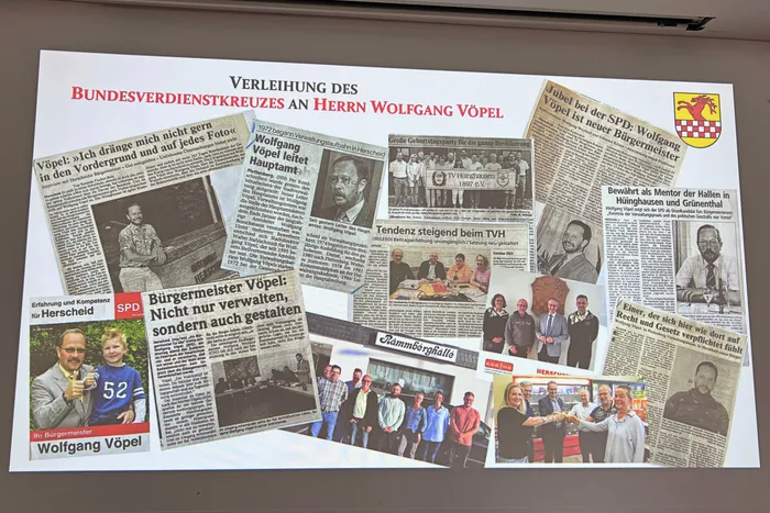 Collage aus Zeitungsartikeln und Fotos, die die politische Karriere und das gesellschaftliche Engagement von Wolfgang Vöpel dokumentieren.