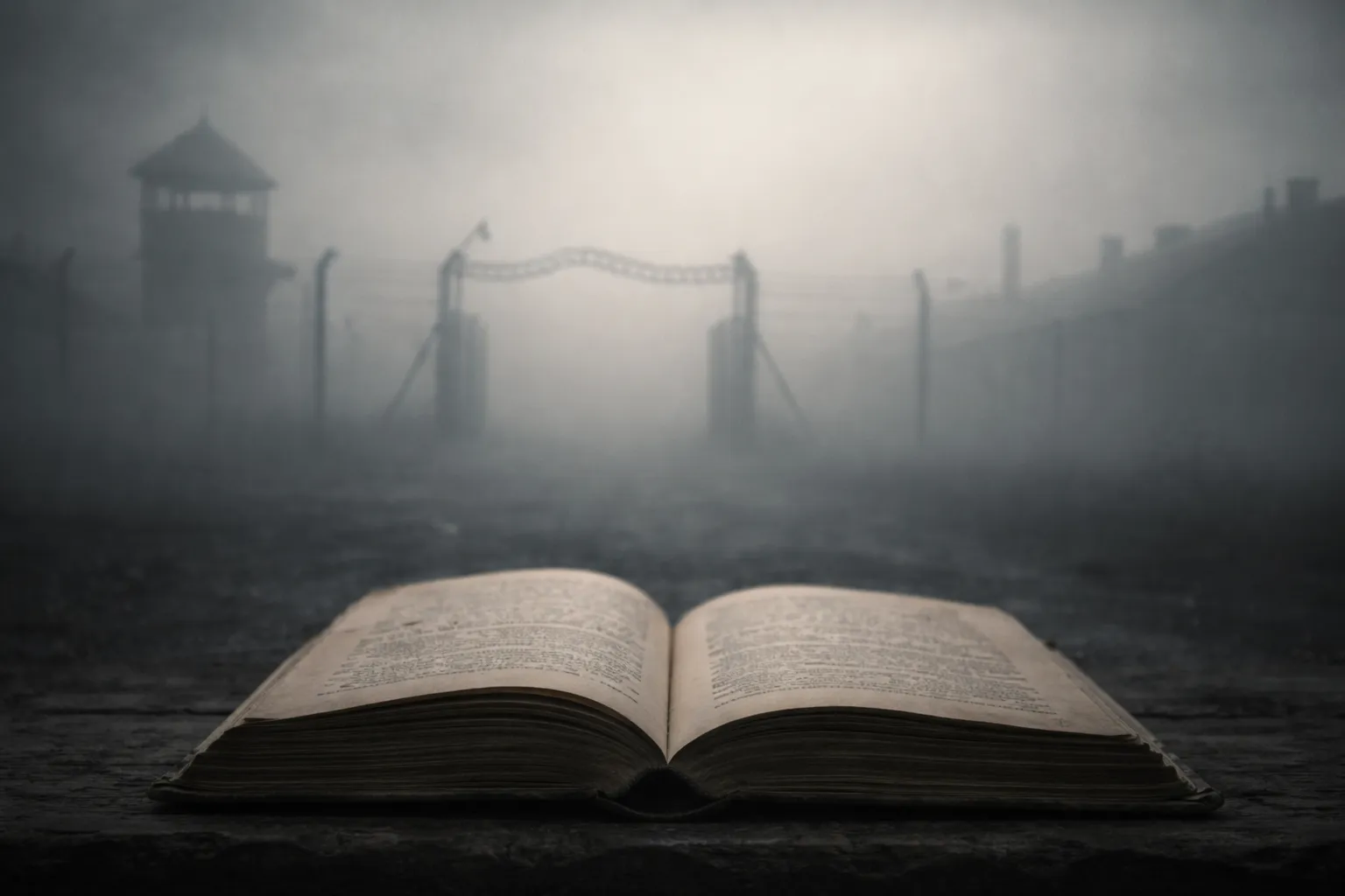 Ein offenes Buch im Vordergrund, im Hintergrund verschwommen ein Tor und Wachtürme, die an das Tor von Auschwitz erinnern.