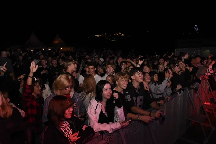 Eine dichte Menschenmenge beobachtet bei Nacht ein Konzert an der Collabo Stage.