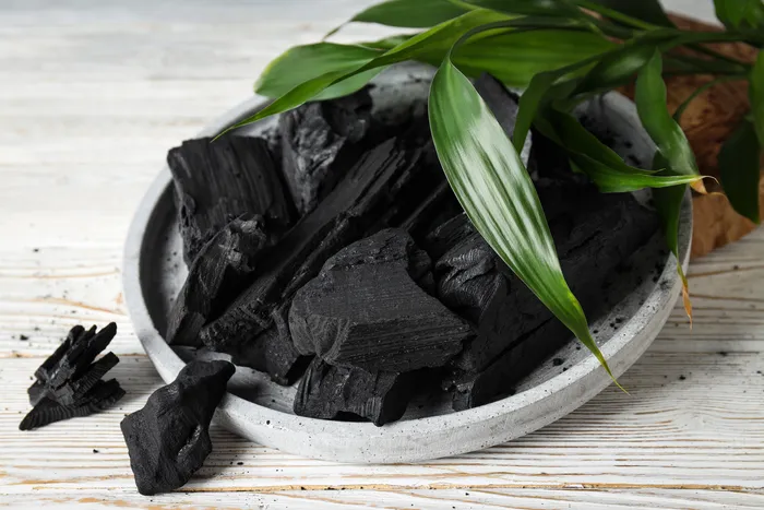 Schwarze Pflanzenkohle-Stücke in einer grauen Schale mit grünen Blättern auf einem hellen Holztisch.