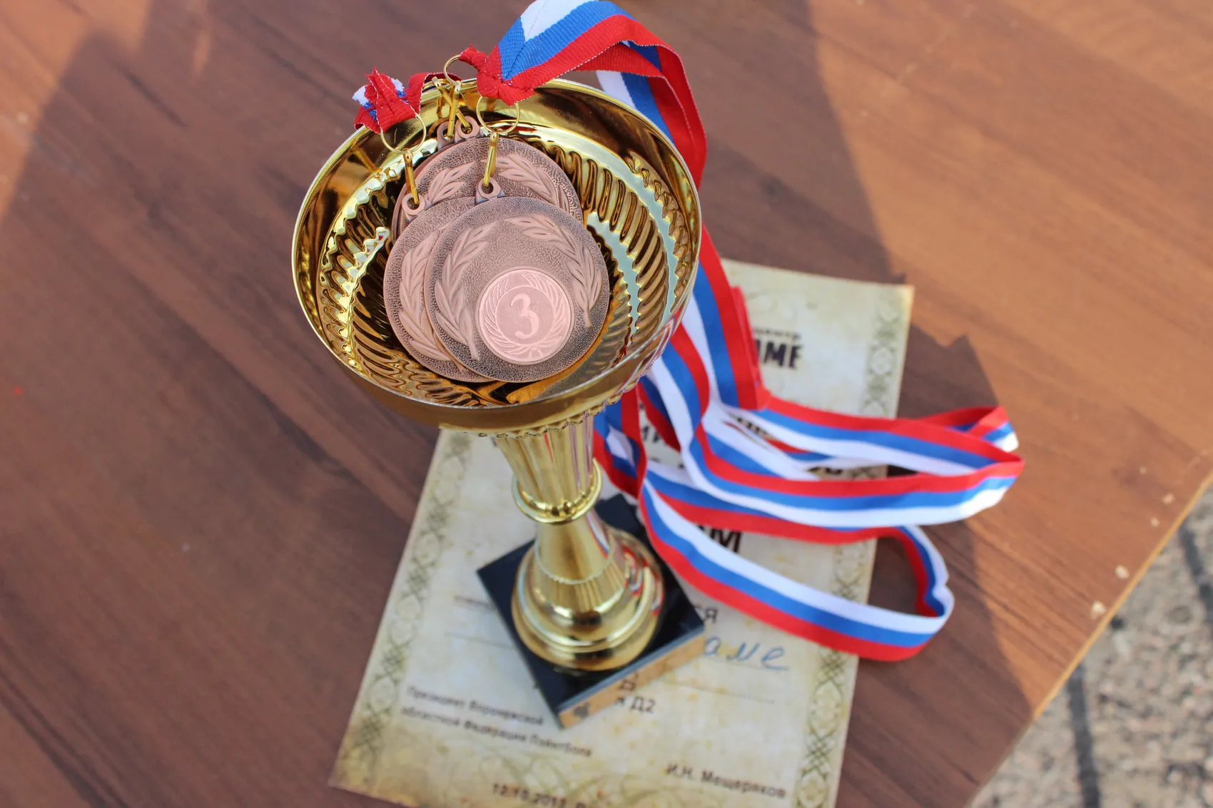 Goldener Pokal mit einer bronzenen Medaille darauf, liegend auf einem Dokument mit russischem Text und einer dreifarbigen Medaille.