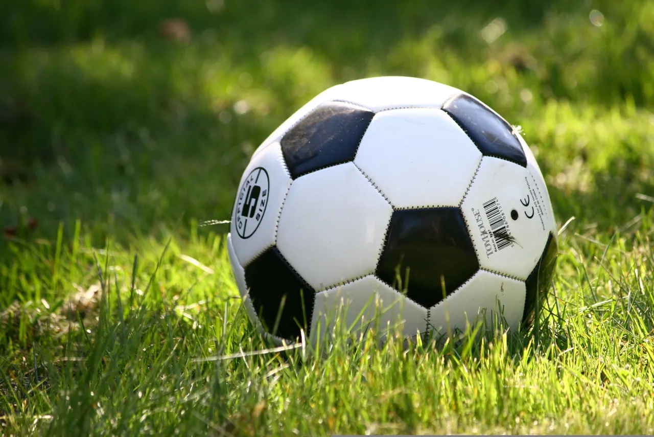 Fußball auf Gras. Das Bild zeigt einen klassischen Fußball mit schwarzen Fünfecken auf weißem Grund, der im Gras liegt.