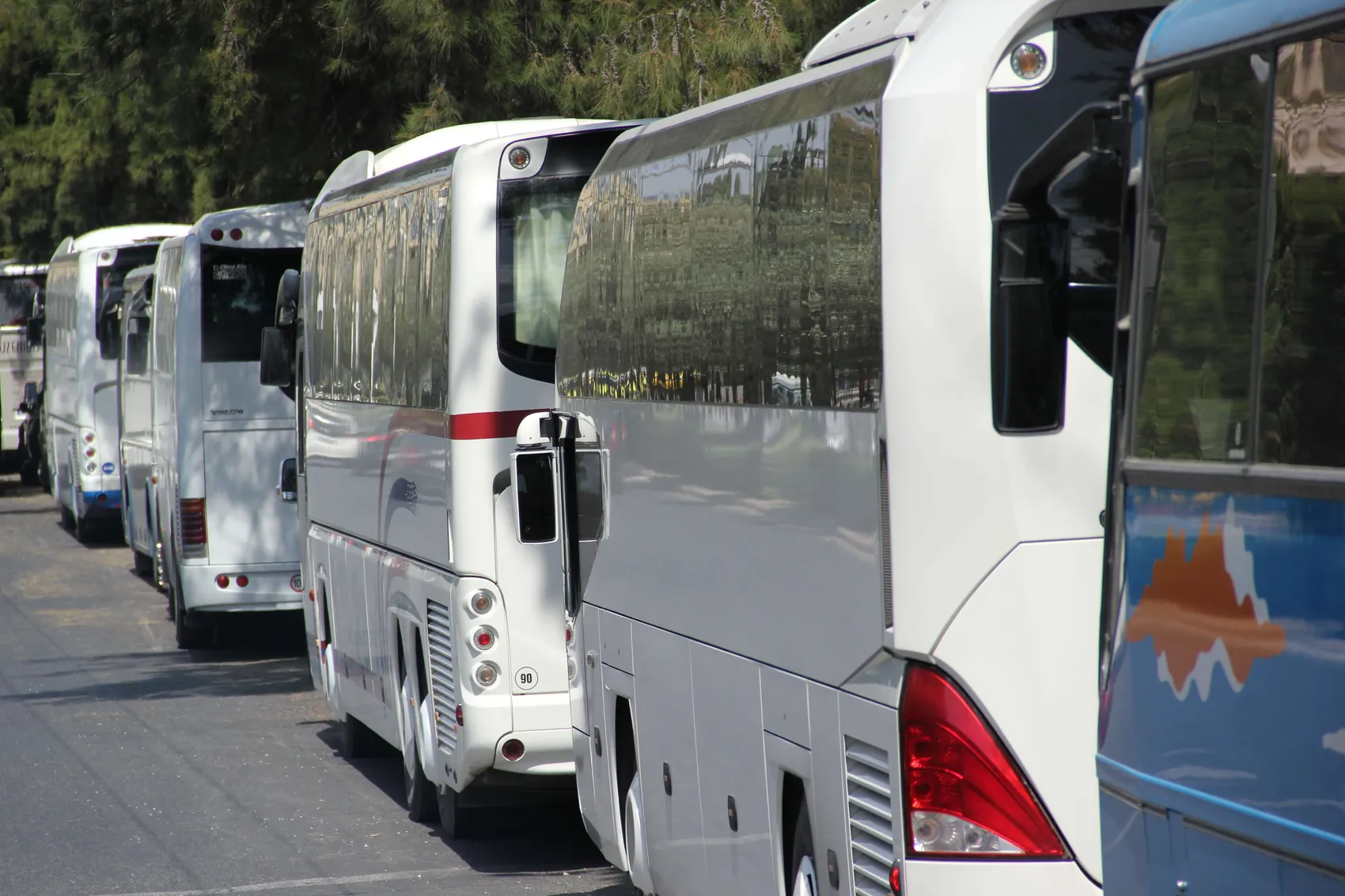 Reihe weißer Reisebusse steht auf einem Parkplatz.