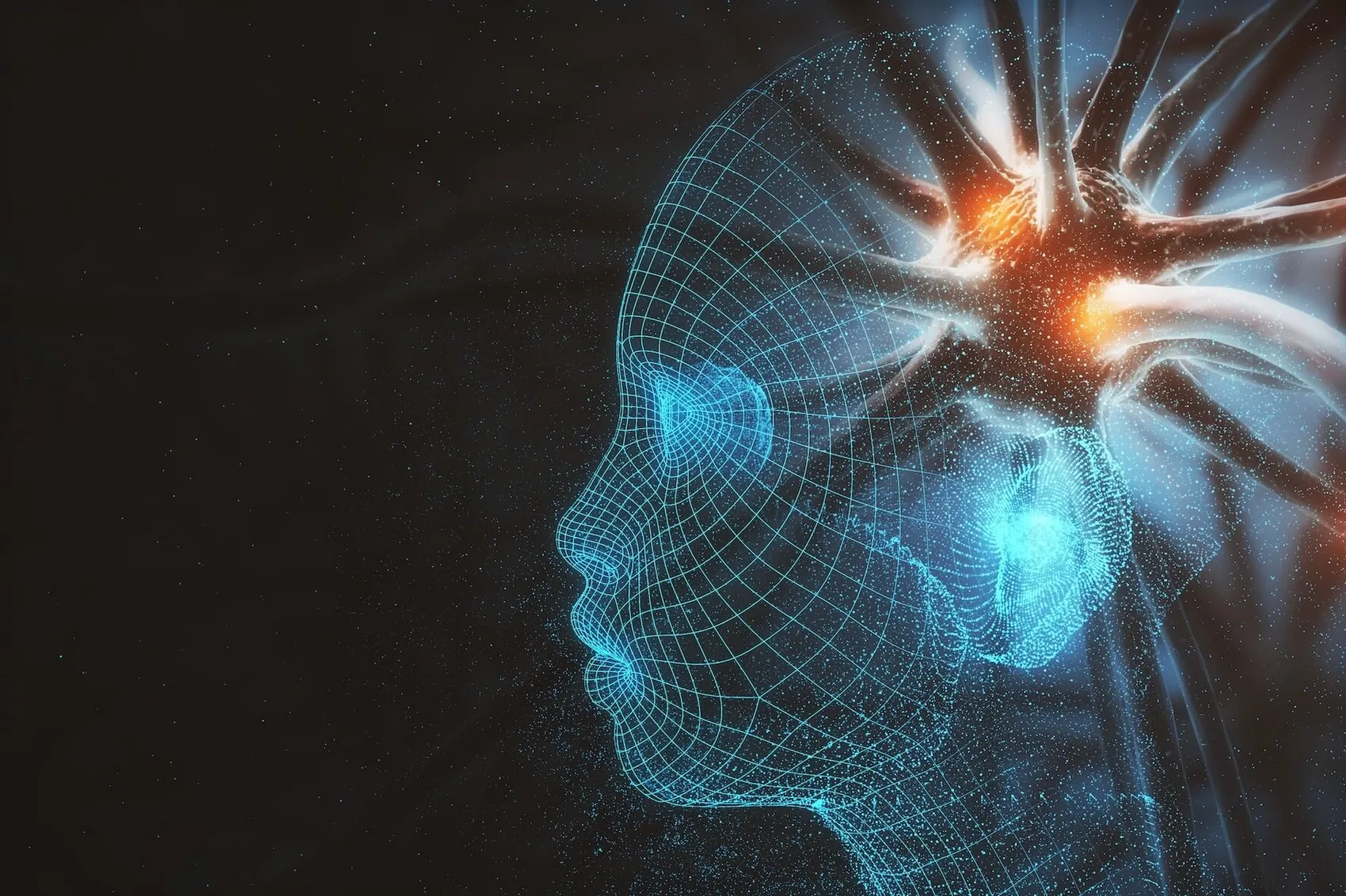 Digitales Profil eines menschlichen Kopfes aus blauem Drahtgitter mit einem leuchtenden, orangefarbenen neuronalen Netzwerk im Gehirnbereich.