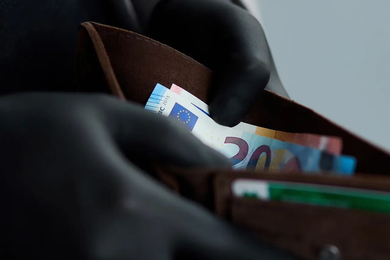 Eine Hand greift in eine braune Geldbörse, aus der ein Euroschein und Karten sichtbar sind. Das Bild symbolisiert Diebstahl oder einen Überfall.