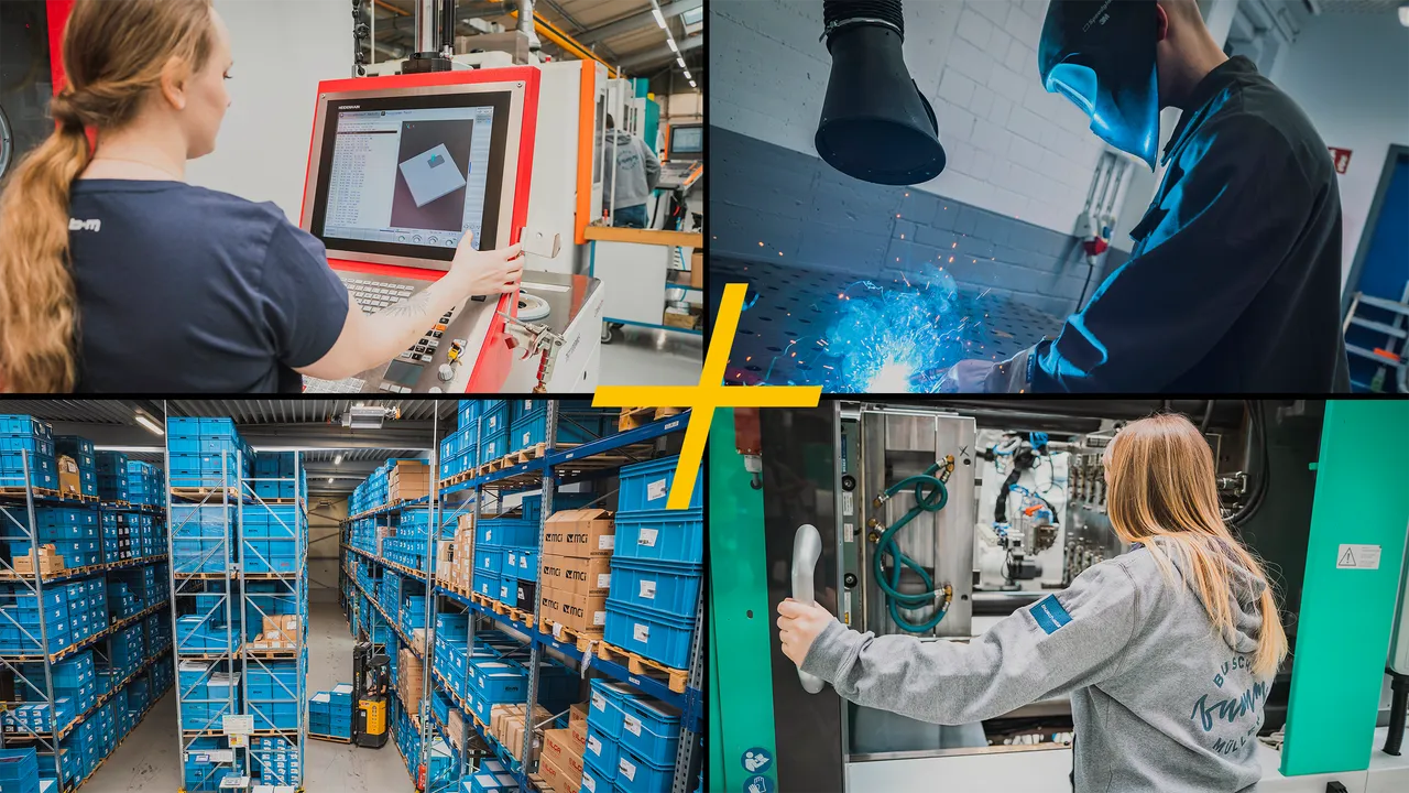 Eine Collage zeigt verschiedene Aspekte der Ausbildung bei Busch+Müller: eine Auszubildende bedient eine Maschine, ein Schweißer bei der Arbeit, gestapelte Kartons und eine weitere Auszubildende inspiziert eine Maschine.