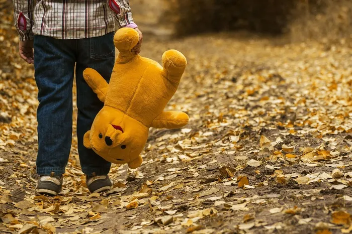 Ein Kind hält einen großen gelben Teddybären an einem mit Herbstlaub bedeckten Weg.