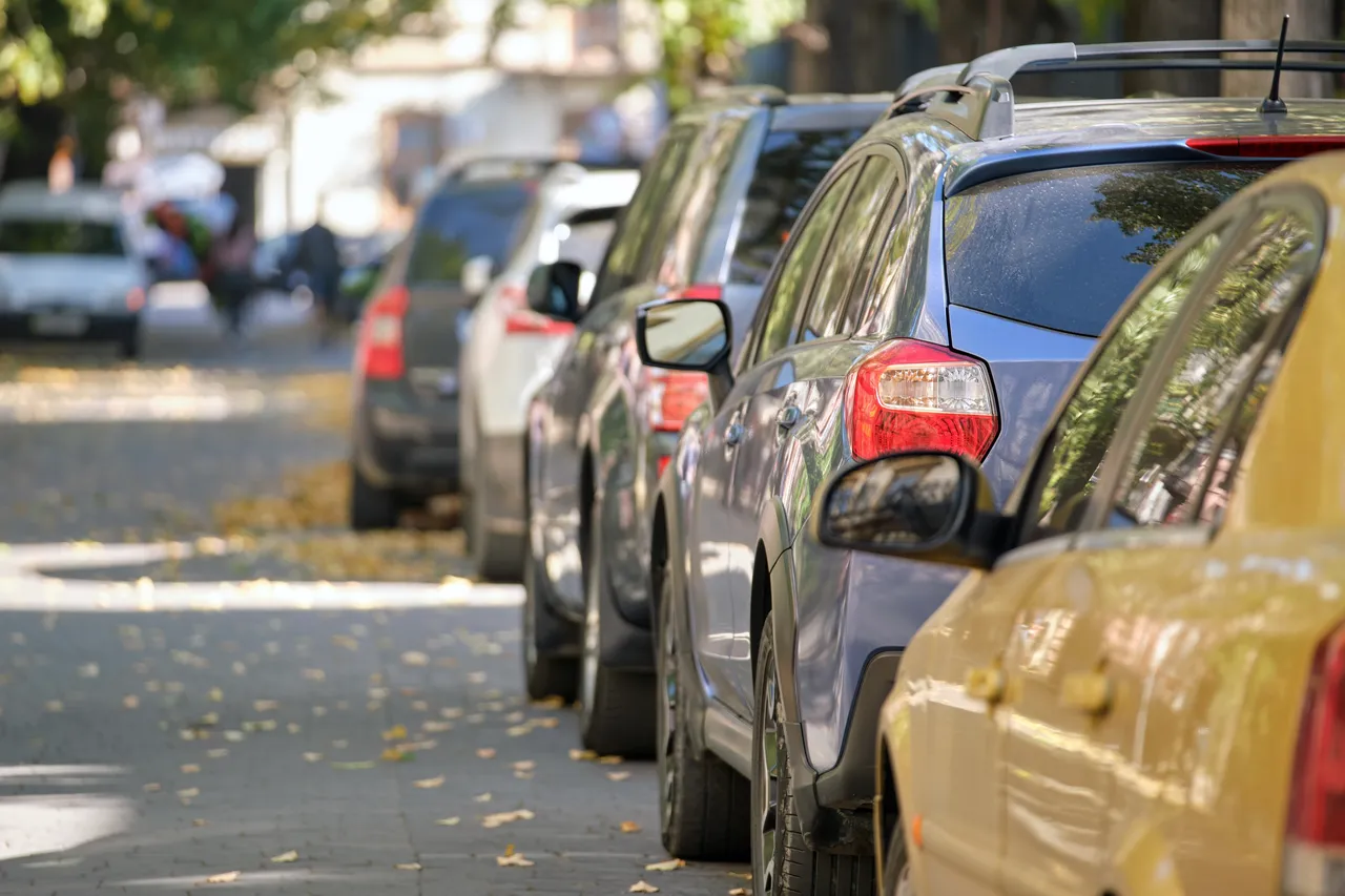 Eine Reihe von Autos parkt hintereinander am Straßenrand einer von Bäumen gesäumten Straße.