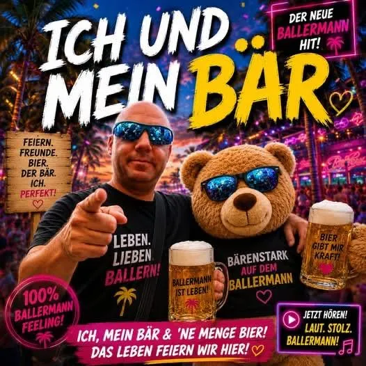 Clemens Werner und ein großer Teddybär mit blauen Sonnenbrillen vor einem bunten Party-Hintergrund mit dem Schriftzug „ICH UND MEIN BÄR“.