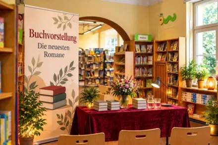 Ein Banner mit der Aufschrift „Buchvorstellung Die neuesten Romane“ steht neben einem mit rotem Samt gedeckten Tisch mit Büchern und Blumen in einer Bibliothek.