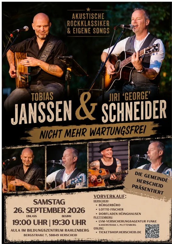 Konzertplakat der Musiker Tobias Janssen und Jiri 'George' Schneider beim Gitarrenspiel für ihr Konzert am 26. September 2026 in Herscheid.