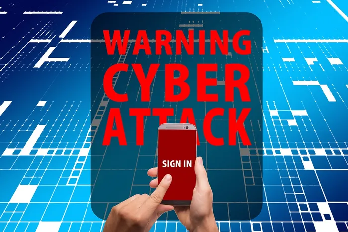 Eine Hand hält ein Smartphone mit dem Aufruf „Sign in“ vor einem Hintergrund aus binärem Code und dem Warnhinweis „Cyber Attack“.