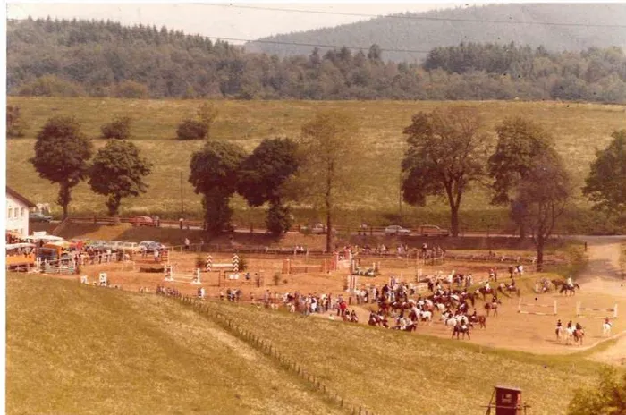 Reiter und Pferde springen über Hindernisse auf einem Platz vor einer Zuschauermenge und einer hügeligen Landschaft mit Bäumen. Im Hintergrund ist eine Reithalle und ein Wald zu sehen.