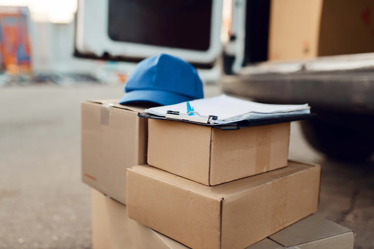 Stapel von Paketkartons mit einer blauen Kappe und einem Klemmbrett vor der offenen Tür eines Lieferwagens.