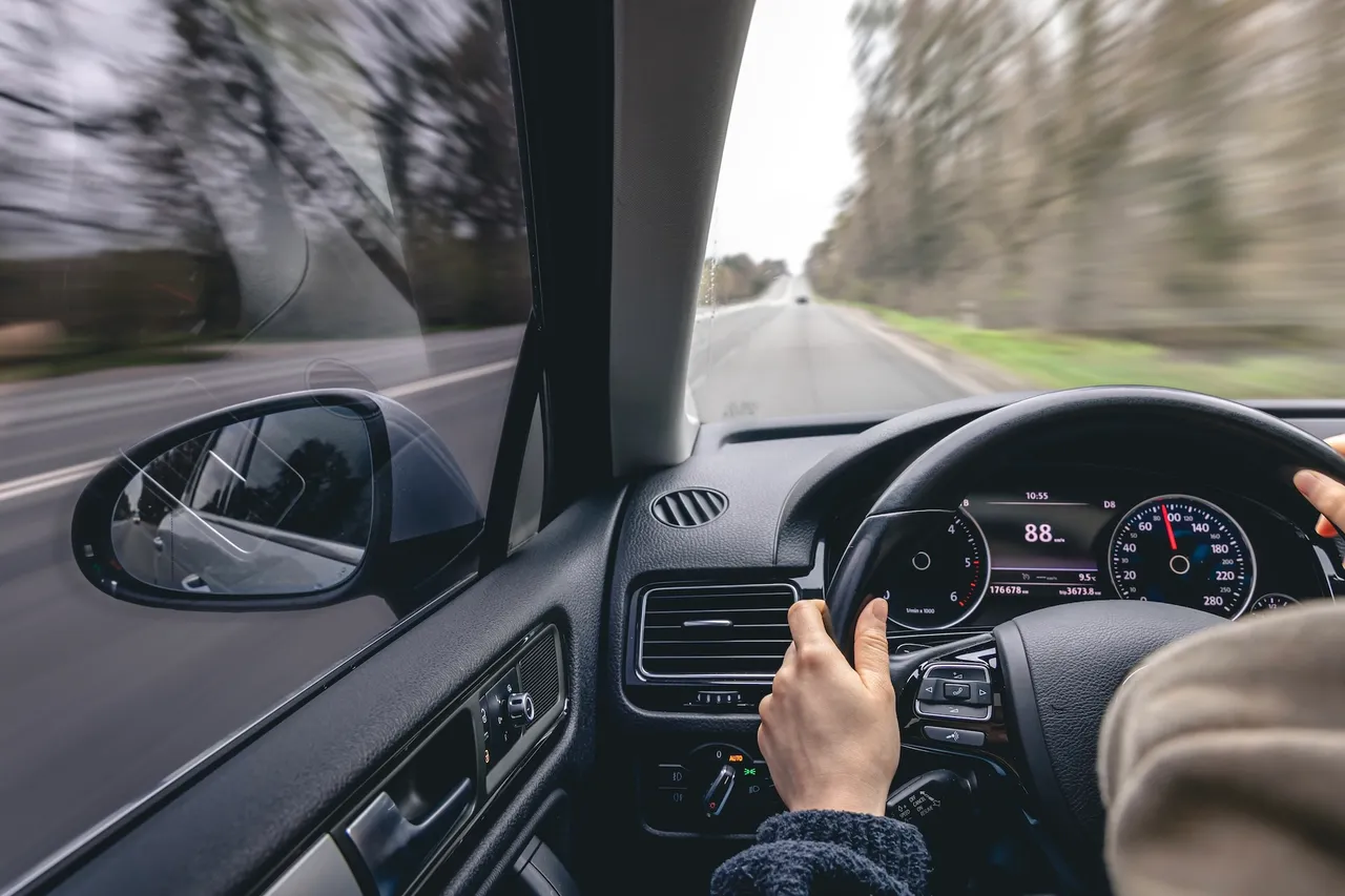 Innenansicht eines Autos während der Fahrt auf einer Landstraße an einem bewölkten Tag. Der Blick ist auf das Armaturenbrett und die Straße gerichtet, die Geschwindigkeit wird auf 88 angezeigt.