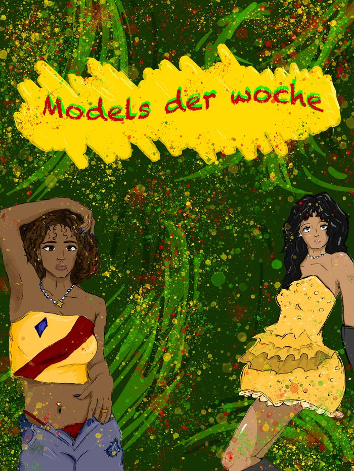 Illustriertes Magazin-Cover mit dem Titel „Models der woche“ und zwei jungen Frauen vor einem grün gesprenkelten Hintergrund.
