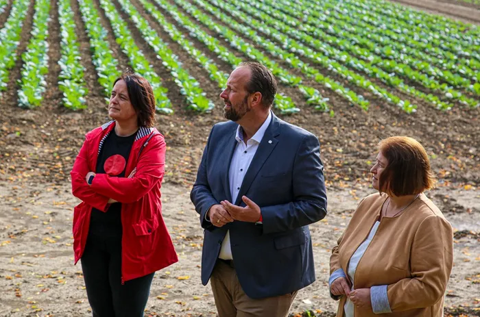 Eva Kitz, Jens Behrens und Bettina Lugk stehen in einem Feld mit Reihen von grünen Pflanzen.