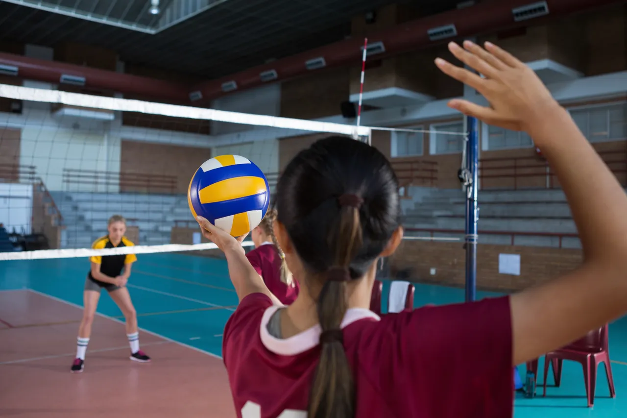 Eine Spielerin in weinrotem Trikot hält einen blau-gelben Volleyball vor einem Netz in einer Sporthalle bereit.