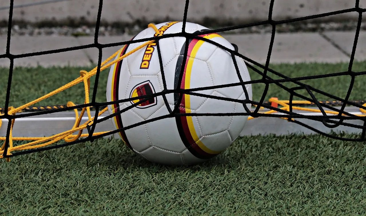 Fußball mit dem Schriftzug „Deutschland“ vor einem Fußballtor auf einem grünen Rasen. Das Netz des Tors ist gelb und schwarz.
