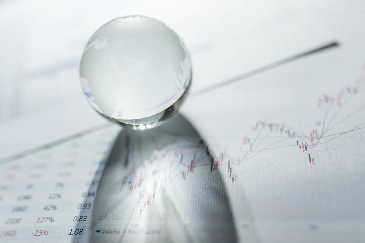 Eine transparente Glaskugel liegt auf einem Blatt mit Finanzdiagrammen und Börsenkursen.