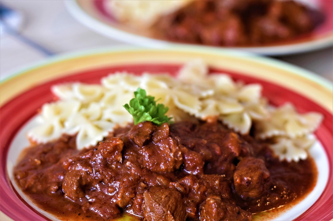 Gulasch mit Farfalle-Nudeln auf einem roten Teller mit gelbem Rand, garniert mit Petersilie.