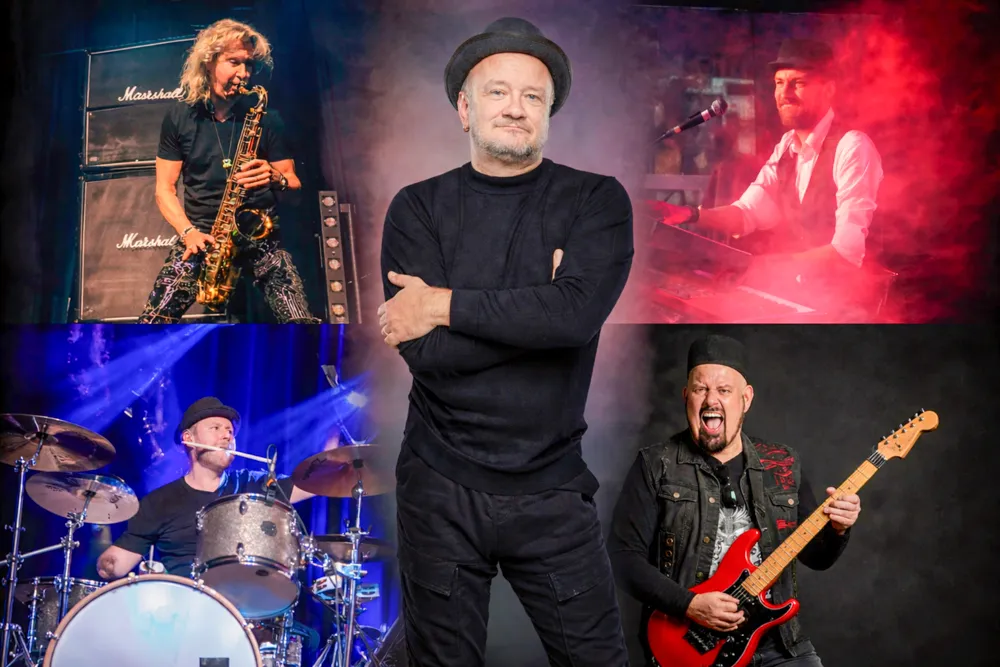 Collage zeigt Michael Grimm mit Band „Halber Liter“: Sänger mit Hut in der Mitte, umgeben von Saxofonist, Gitarrist, Schlagzeuger und einem weiteren Musiker mit Hemd.