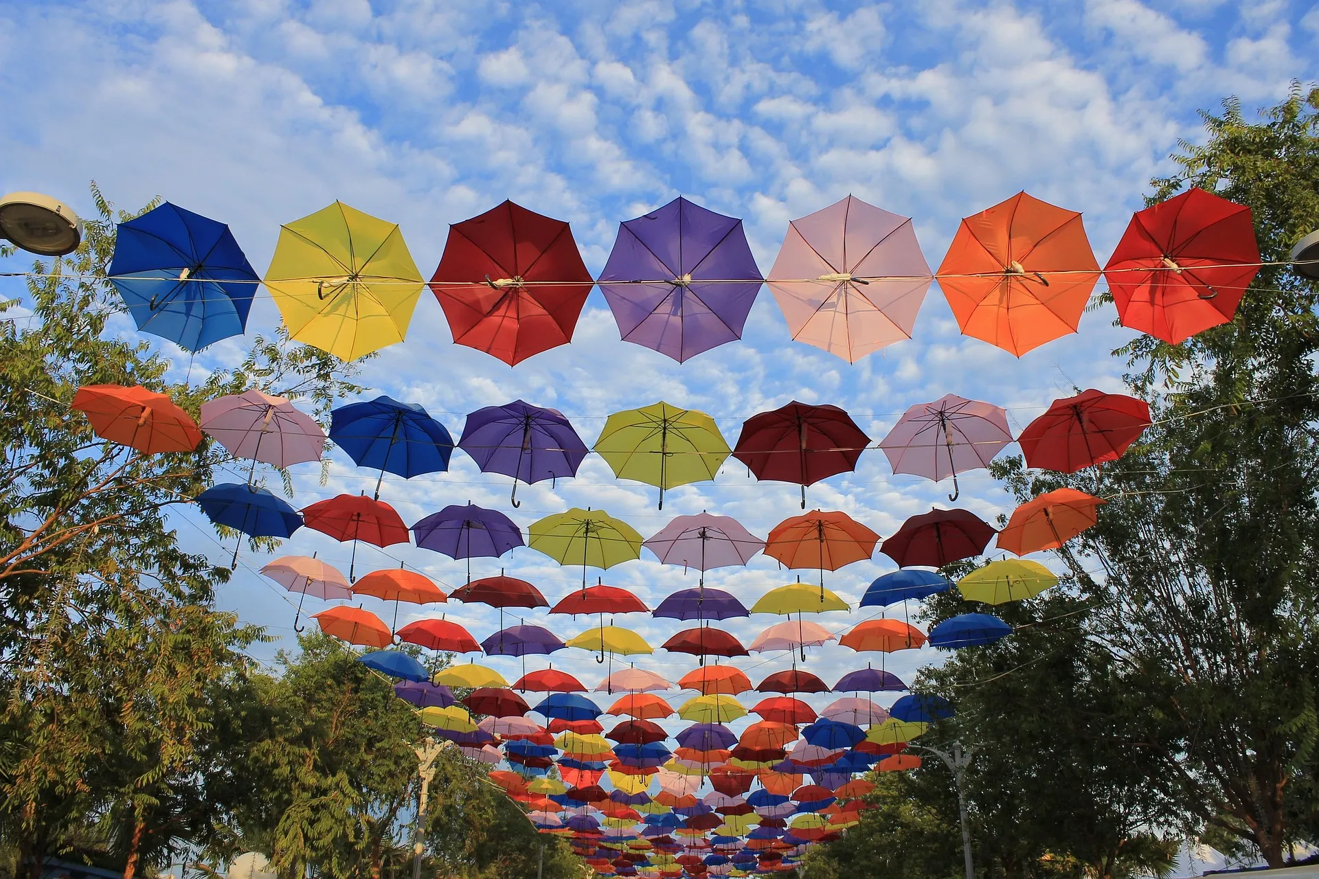 Bunte Regenschirme hängen an Drähten über einer Straße, darunter Bäume und ein blauer Himmel mit Wolken.