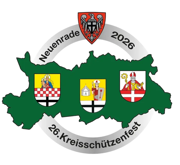 Logo für das 26. Kreisschützenfest 2026 in Neuenrade mit einer grünen Karte, drei Wappen und einem weiteren Wappen am oberen Rand.