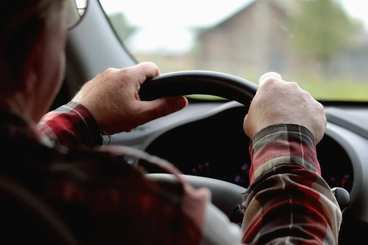 Hände halten ein Lenkrad im Auto, Blick durch die Windschutzscheibe nach vorn.