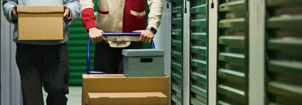 Ein Mann mittleren Alters und ein junger Erwachsener transportieren Umzugskartons und eine Kiste auf einem Wagen durch einen Serverraum.