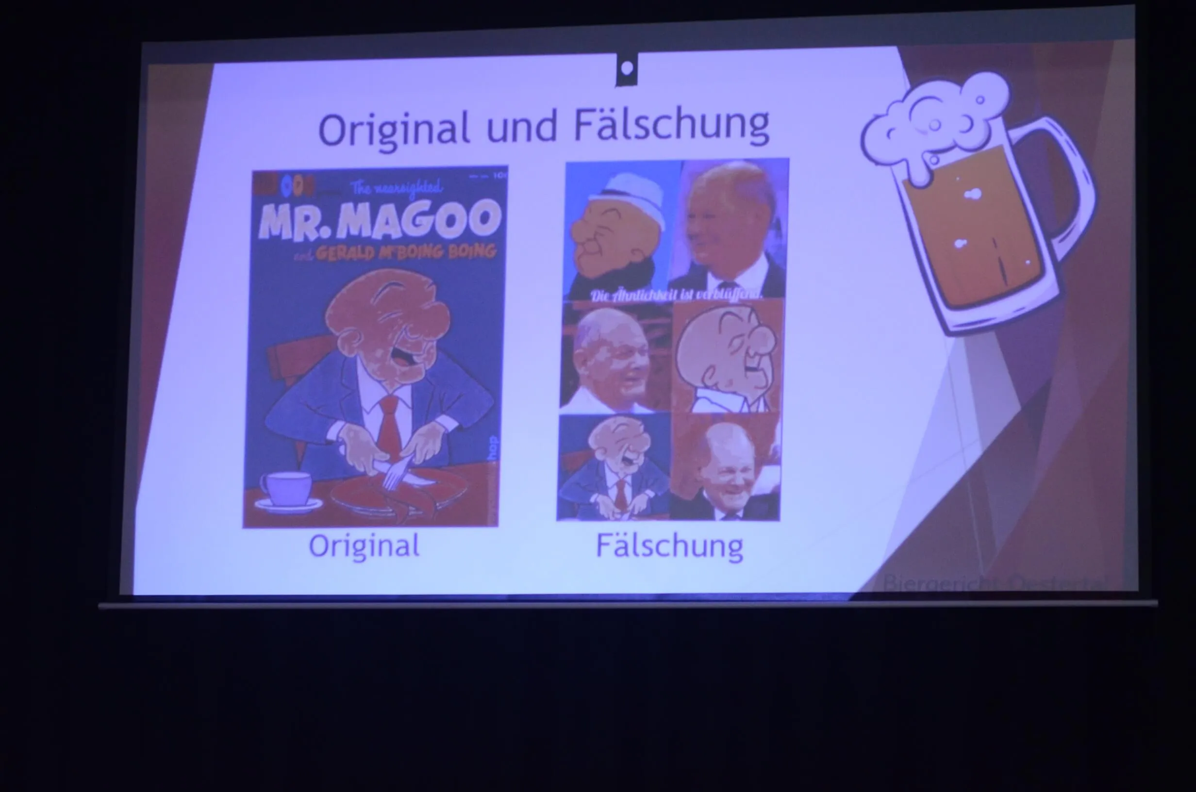 Vergleich von Original und Fälschung eines Mr. Magoo-Coverdesigns neben einer stilisierte Biergrafik.