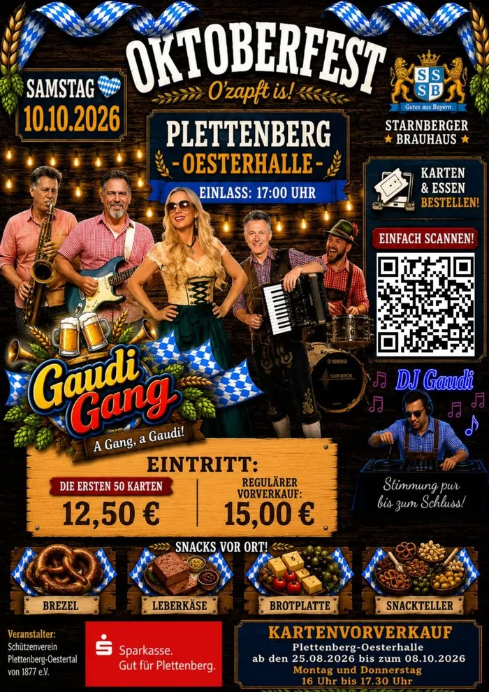 Werbeplakat für ein Oktoberfest am 10.10.2026 in der Plettenberg-Oesterhalle mit der Musikgruppe „Gaudi Gang“, einem DJ sowie Informationen zu Eintrittspreisen und Snacks.