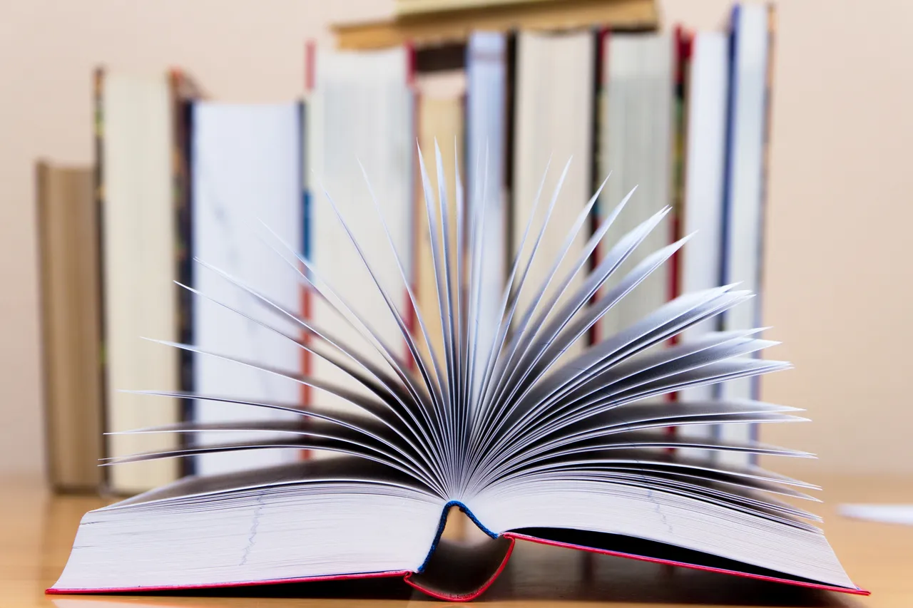 Geöffnetes Buch im Vordergrund, dahinter unscharf mehrere weitere Bücher auf einem Tisch stehend.