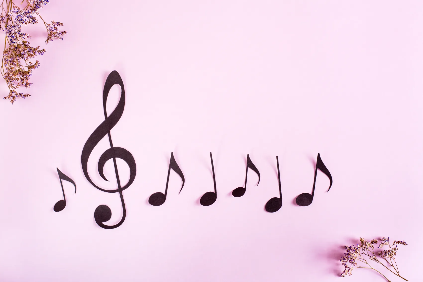 Schwarze Papiernoten und ein Violinschlüssel liegen auf einem hellrosa Hintergrund. Trockenblumen ergänzen das Arrangement.