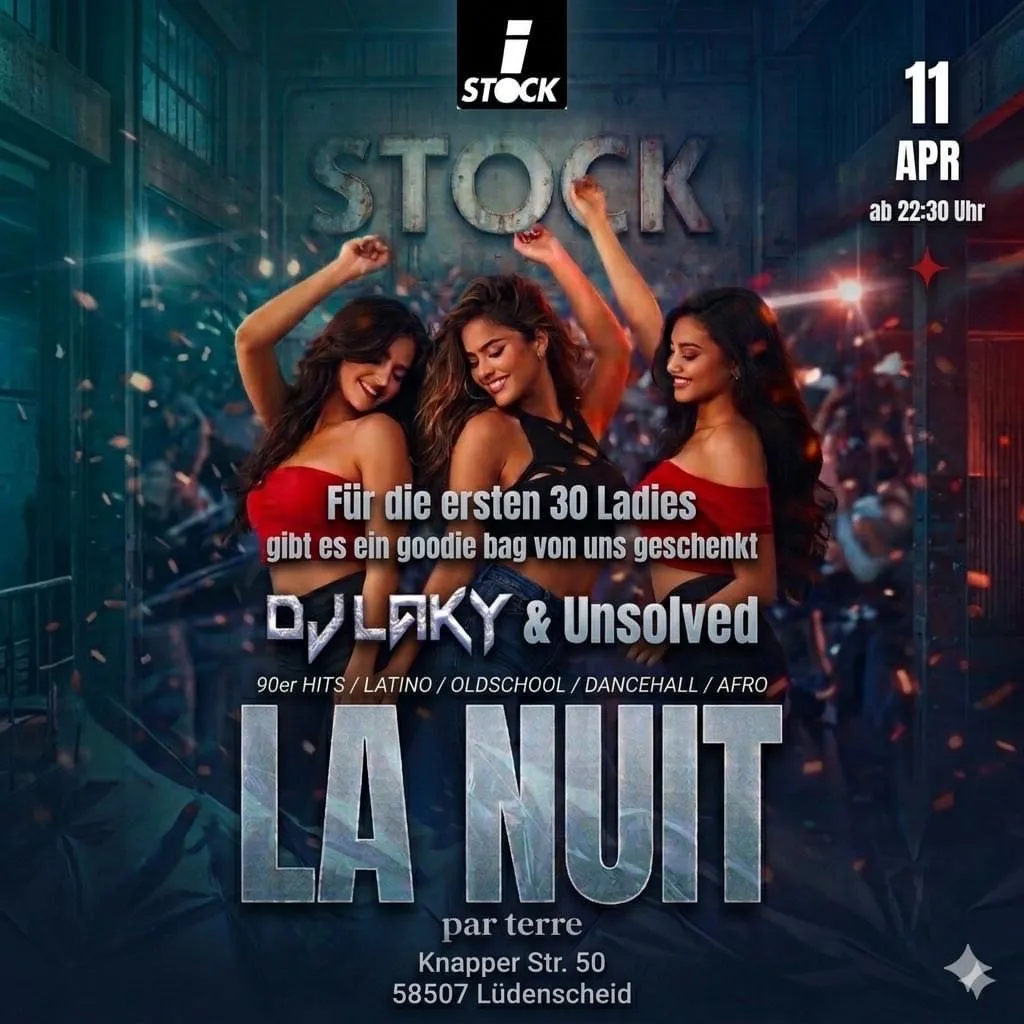 Werbeplakat für die Party „La Nuit“ am 11. April im Stock, mit tanzenden Menschen im Hintergrund und Informationen zu Musikstil und Veranstaltungsort.