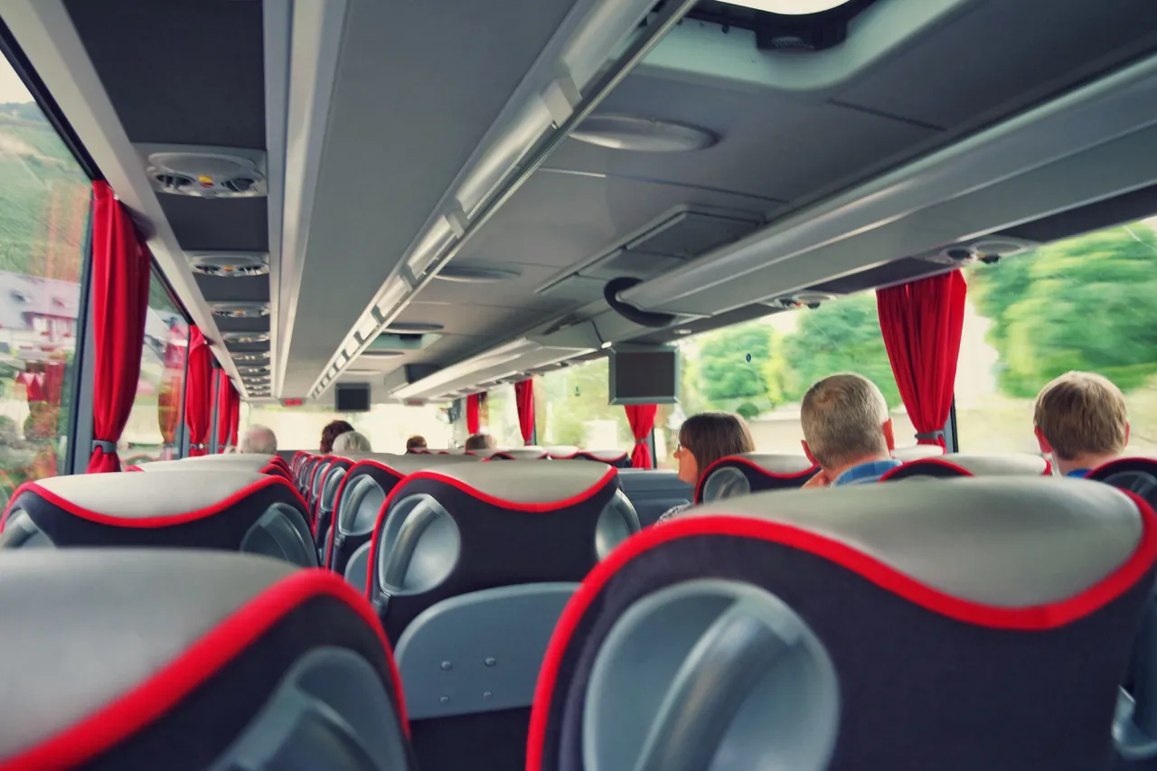 Reisende sitzen in einem Bus mit roten Vorhängen und schauen aus dem Fenster in die Landschaft. Der Innenraum ist hell erleuchtet.