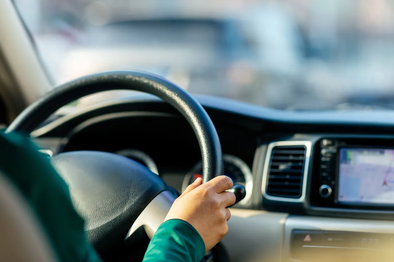 Eine Hand hält das Lenkrad eines Autos, während das Armaturenbrett mit einem Navigationssystem sichtbar ist.