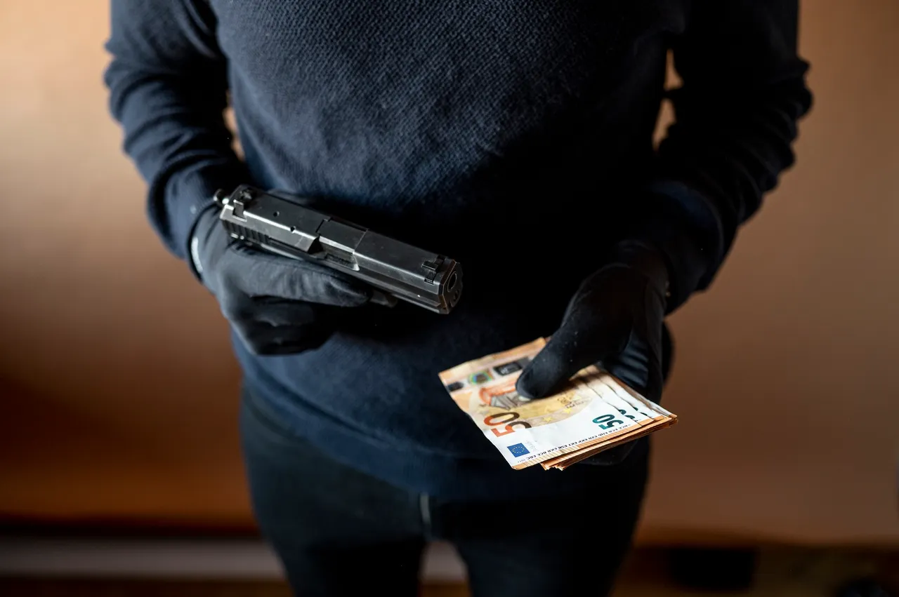 Person mit Handschuhen hält eine Pistole und Geldscheine in der Hand.
