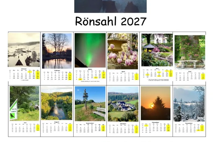 Kalender für das Jahr 2027 mit dem Titel „Rönsahl 2027“, der zwölf Monatsseiten mit verschiedenen Landschafts- und Dorfaufnahmen zeigt.
