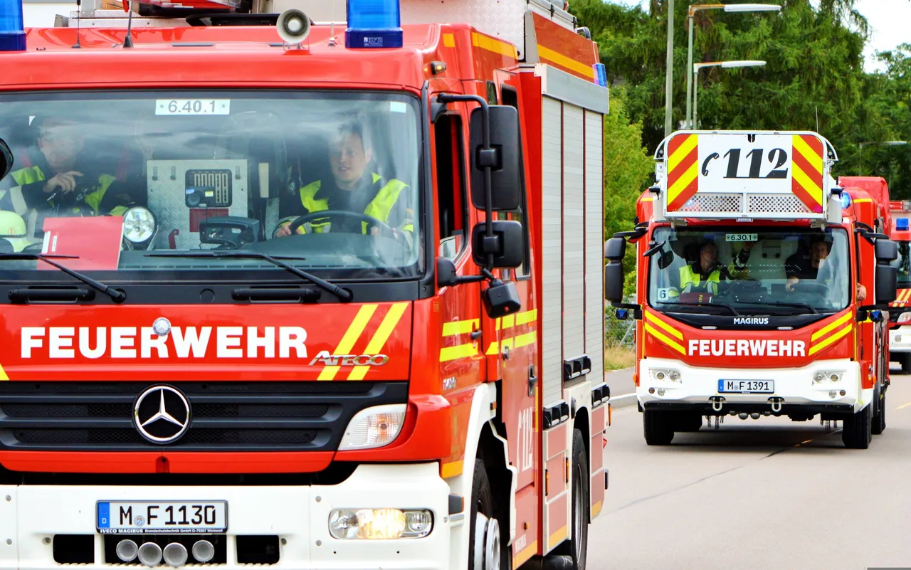 Zwei rote Feuerwehrfahrzeuge auf einer Straße, ein Mercedes-Benz im Vordergrund und ein Magirus im Hintergrund.