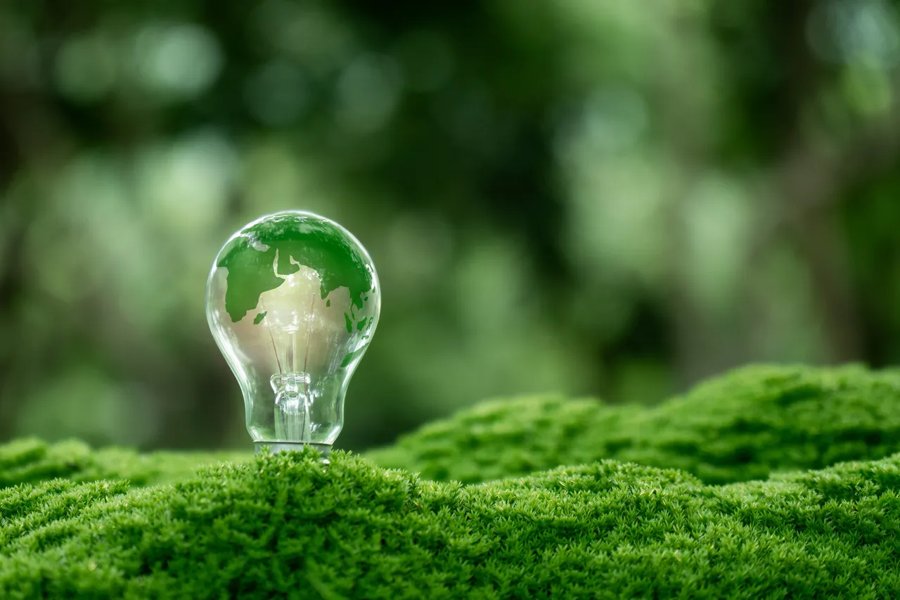 Eine Glühbirne enthält eine Weltkarte, die auf nachhaltige Energie und Umweltschutz hinweist. Die Glühbirne steht auf grünem Moos vor einem unscharfen grünen Hintergrund.