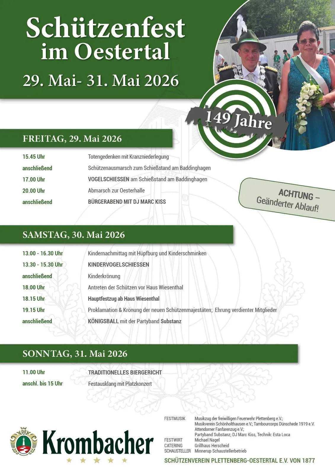 Programm des Schützenfestes im Oestertal vom 29. bis 31. Mai 2026 mit Zeitangaben für Veranstaltungen wie Totengedenken, Kindervogelschießen und Königsball.