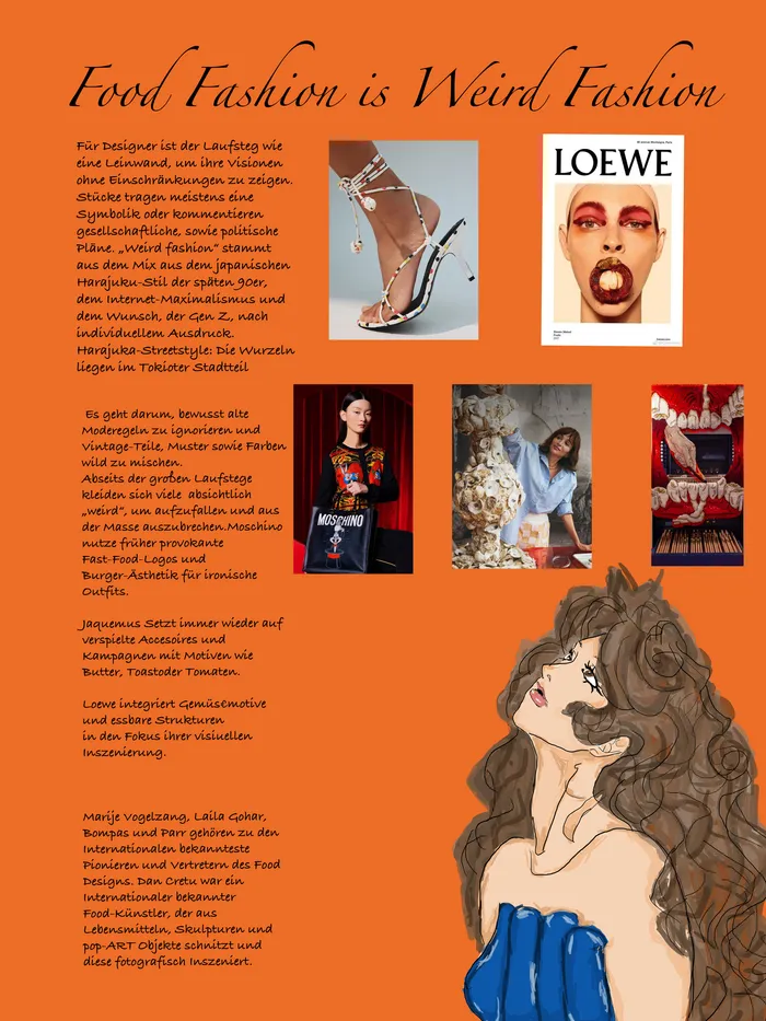 Magazin-Layout mit dem Titel „Food Fashion is Weird Fashion“, das Textspalten, Modefotografien und Illustrationen zu essbaren Modethemen kombiniert.