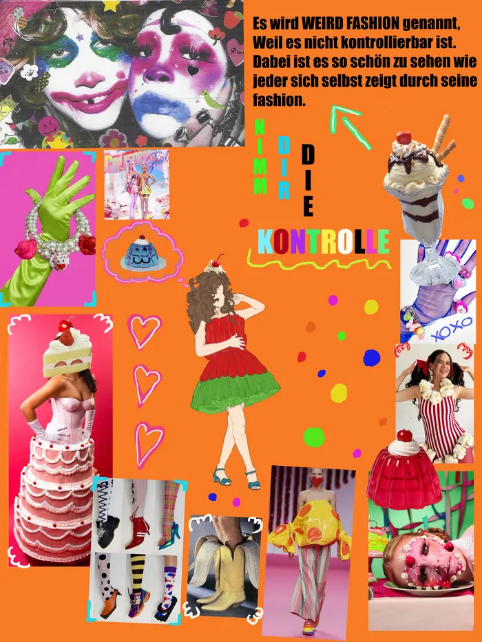 Bunte Collage im Stil der 2000er Jahre zum Thema „Weird Fashion“ mit Gesichtern in auffälligem Make-up, Modeelementen und einem Kuchen auf dem Kopf.