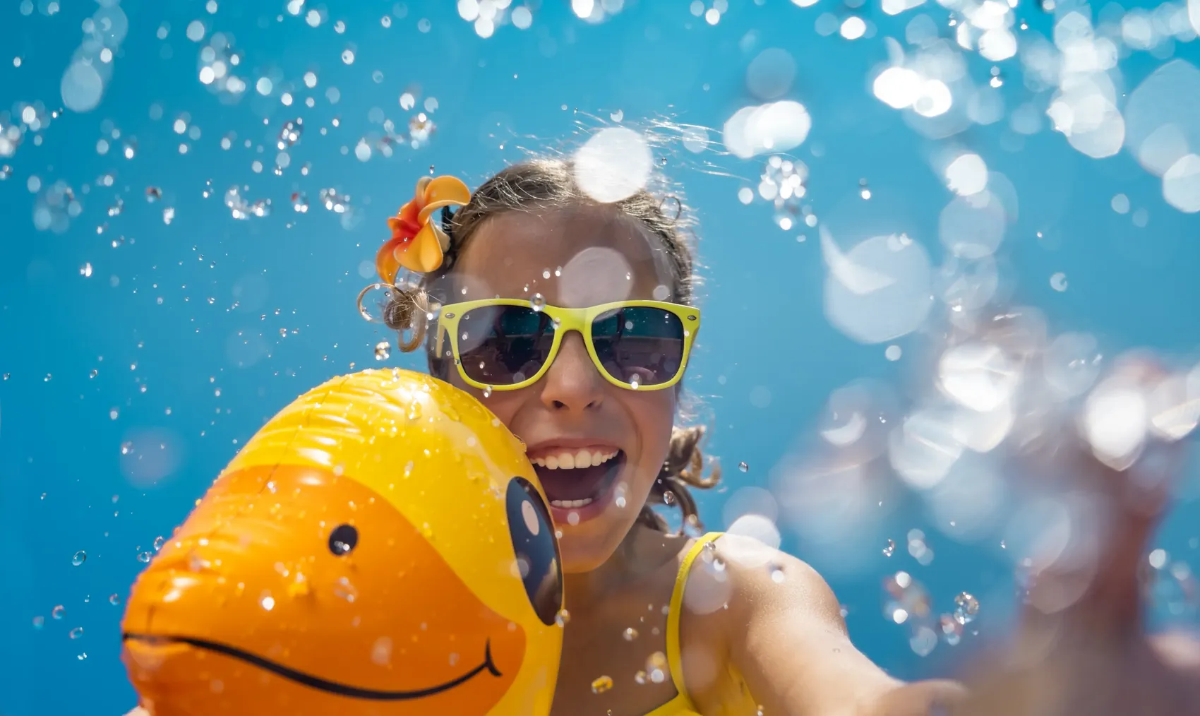 Lachendes Mädchen mit Sonnenbrille und Blumen im Haar umarmt eine gelbe Enten-Luftmatratze im Wasser. Im Hintergrund verschwommene Wasserspritzer und Sonnenlicht.