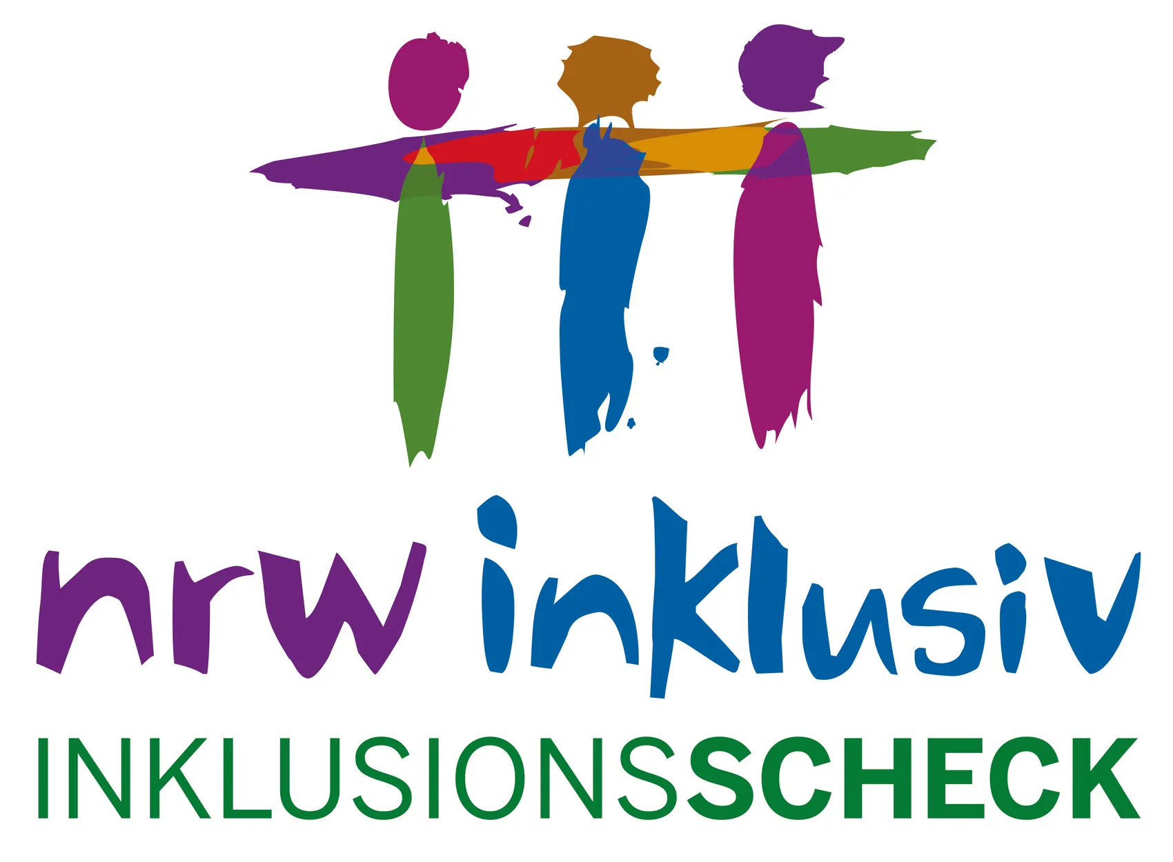 Drei stilisierte Menschen in verschiedenen Farben stehen eng zusammen, darüber der Schriftzug „nrw inklusiv INKLUSIONSSCHECK“.