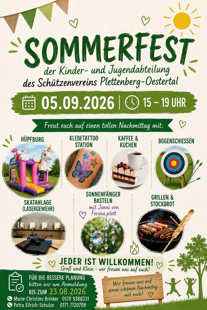 Einladung zum Sommerfest der Kinder- und Jugendabteilung des Schützenvereins Plettenberg-Oestertal am 05.09.2026 mit Hüpfburg, Bogenschießen, Kaffee, Kuchen und Grillen.