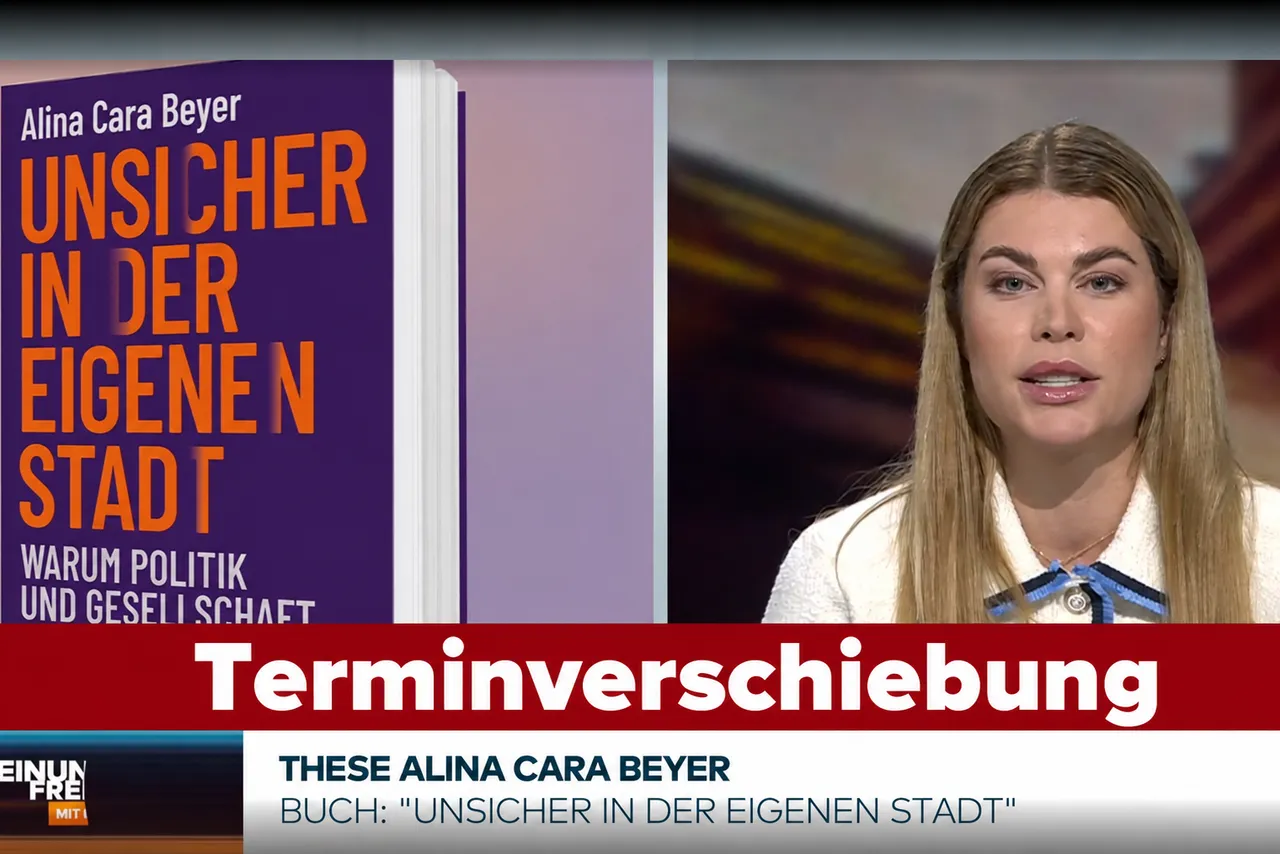 Buchcover von „Unsicher in der eigenen Stadt“ und ein Porträt der Autorin Alina Cara Beyer vor einem roten Banner mit der Aufschrift „Terminverschiebung“.