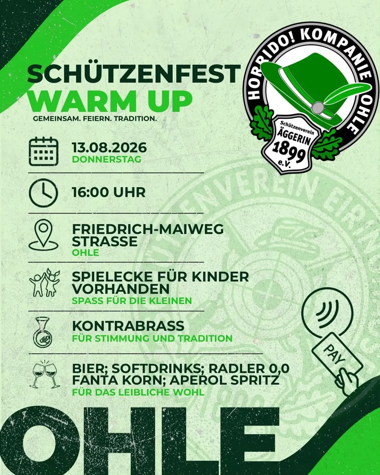 Plakat für das Schützenfest Warm Up der Kompanie Ohle am 13. August 2026 in Ohle mit Informationen zu Ort, Uhrzeit, Musik und Verpflegung.